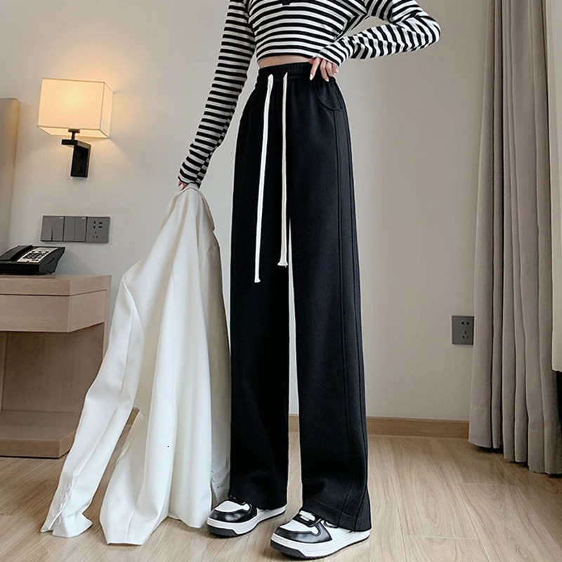 Women High Waisted Leisure Loose Pants Girls Casual Straight Leg Slacks Female Baggy Light Grey Khaki Beige Black Trousers 251017