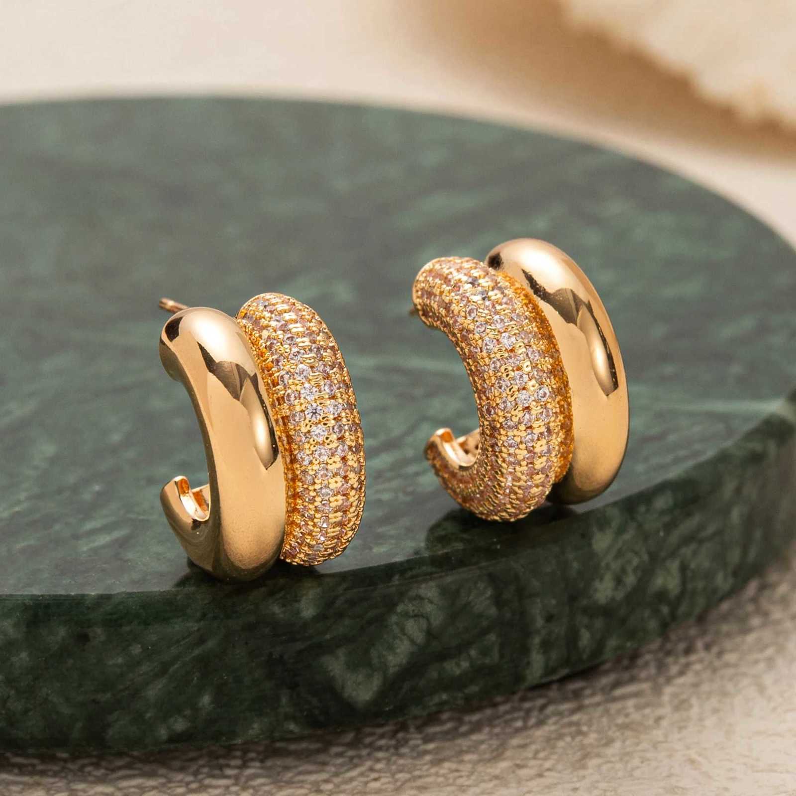 Stainless steel temperament double ring Cshaped earrings female design niche inlaid zircon earrings color preservation Y251018