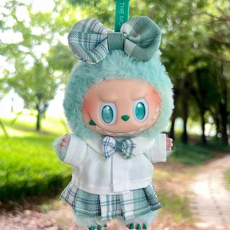 For 17cm Labubus Mini Doll clothes Bow headband shirt JK plaid skirt set Labubu girl clothing Outfit shoes camera accessorieT251018