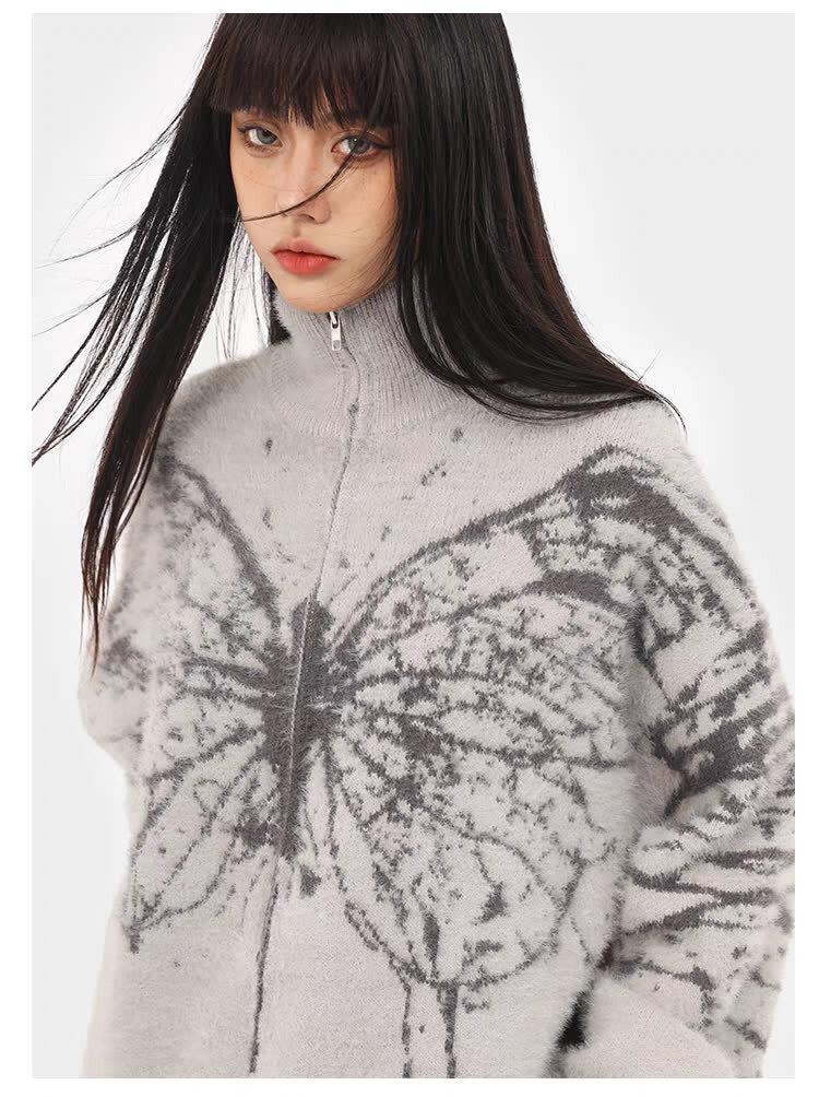 Harajuku Cardigan Coat for Women Fashion Black Gothic Clothes Pull Femme Y2k Tops Casual Zipper Korean Knitted Oversized Sweater 240808