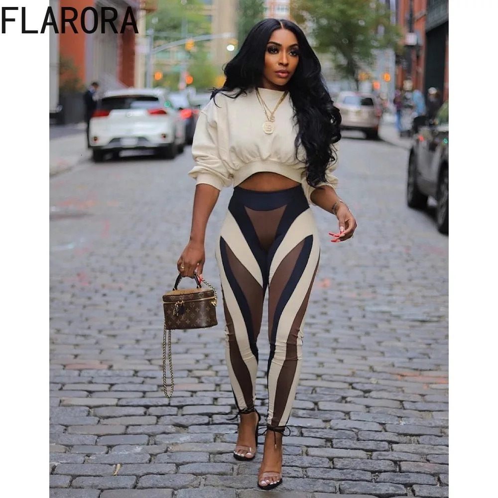 FLARORA Fashion Stripe Print 2 Pcs Sets Woman Round Neck Long Sleeve Crop Tops And Skinny Pants Outfits Fall Street Tracksuits 251018