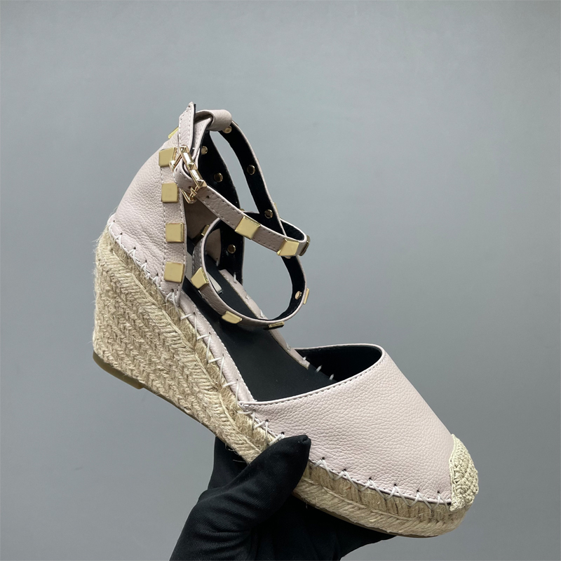 Designer Wedges Sandals Women Wedding Dress Shoes Rockstud Espadrille Sandal 105mm Leather High Heels Ladies Girls Summer Shoes 873