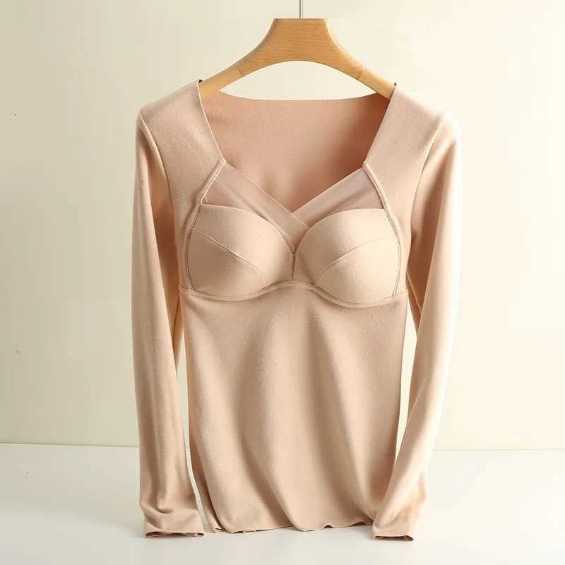 De Rong Thermal Underwear Womens Traceless Chest Pads Thickened and Furnished Heaty Bottom Shirt Long Sleeve Underwear T251018