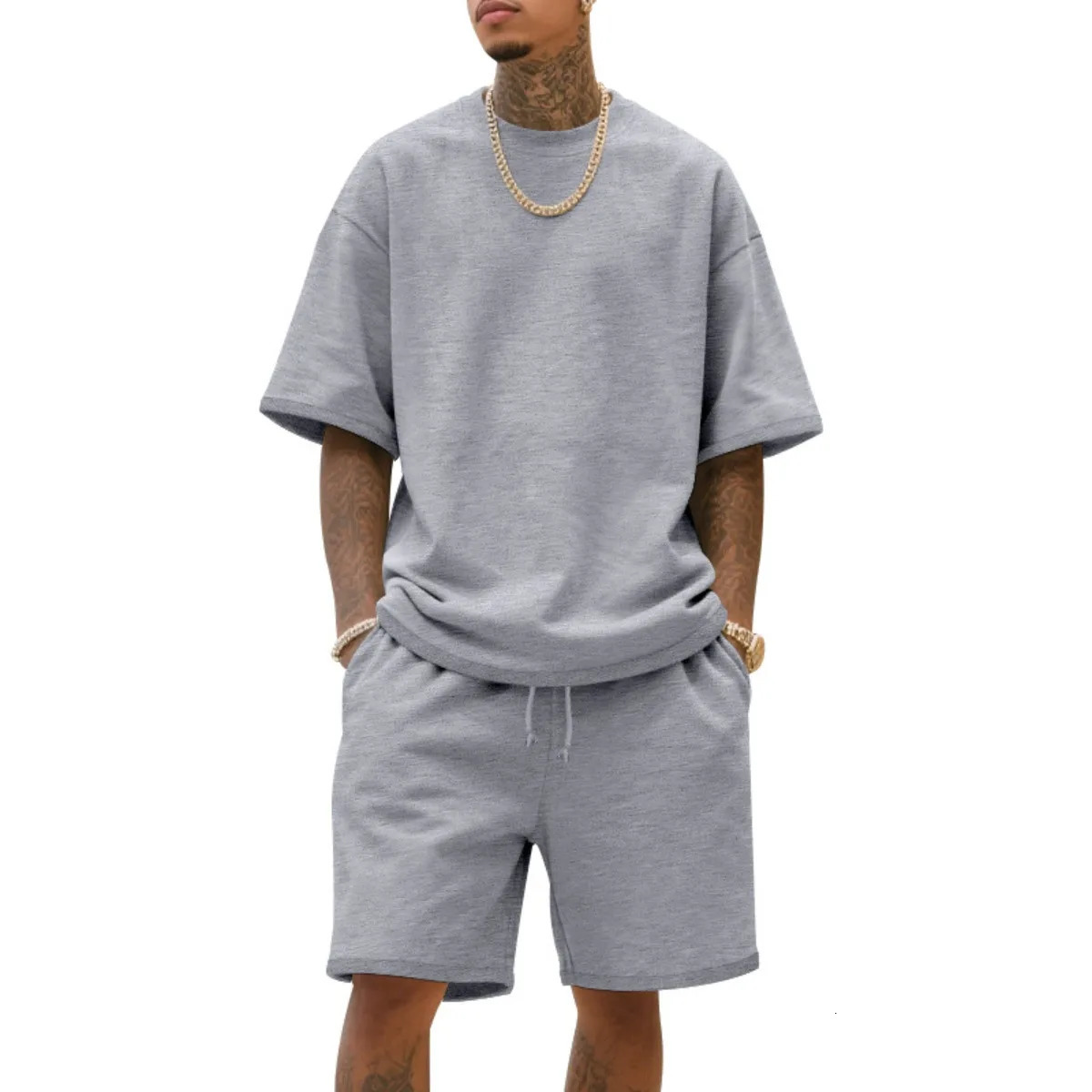 2025 100 Cotton Mens Summer AmericanStyle Loose High Street HipHop Sport ShortSleeved Set with Shorts 251010