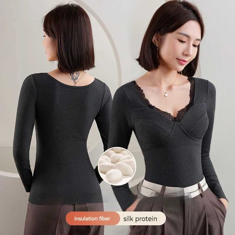 Autumn Winter Sexy Lace Large Cup One Piece Warm Coat Long Sleeve Bottom Top for Women Wearless Bra And Warm Top T251018