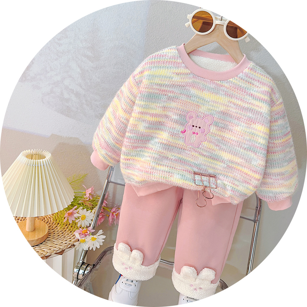 2025 Baby Clothes with Velvet Set for Female Baby Autumn/Winter Casual Rainbow Bear Hoodie Two Piece Set for Girls free shipping