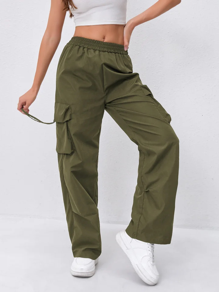 Womens Elastic Waist Cargo Pants with Double Sided Large Pockets Outdoor Sports Long Trousers 251017