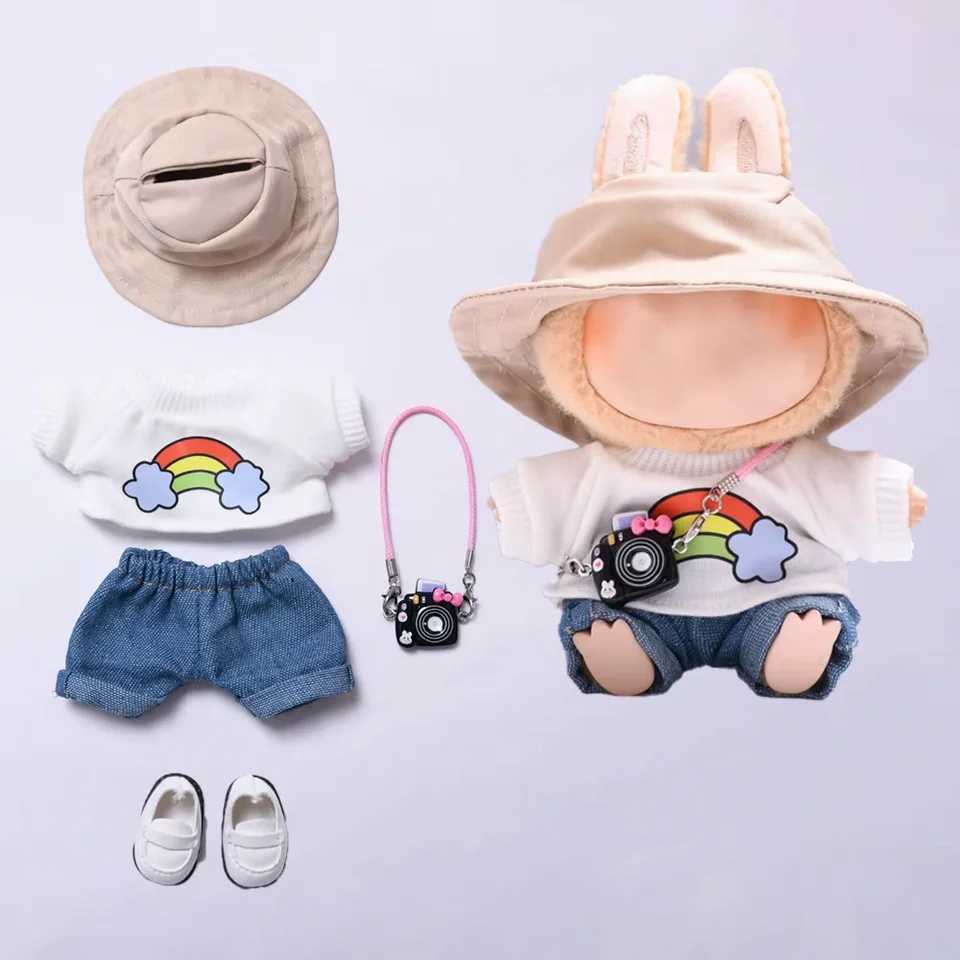 Plush Doll Clothes 17cm For Labubu Clothing Designer Rainbow White T Jeans Doll Clothes Set With Hat Glasses Toy AccessoriesT251018