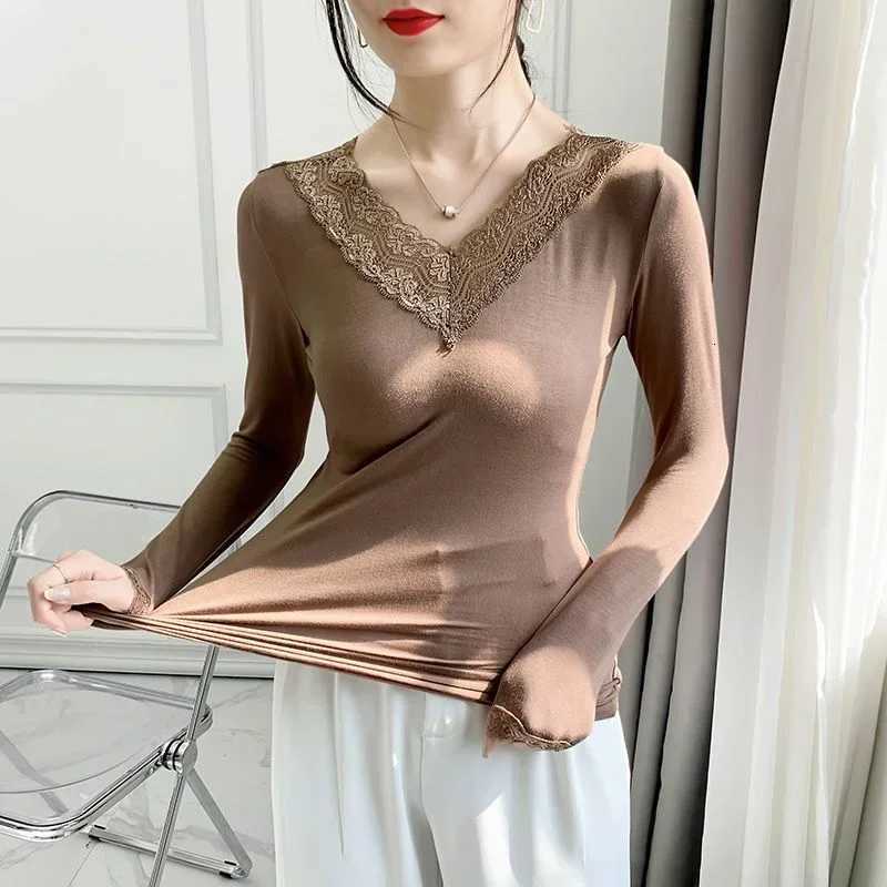 Autumn Long Sleeve Shirt Spring Lycra Thermal Underwear Basic V Neck Tshirt Underwear Woman Top Thin Blouse Female Clothing T251018