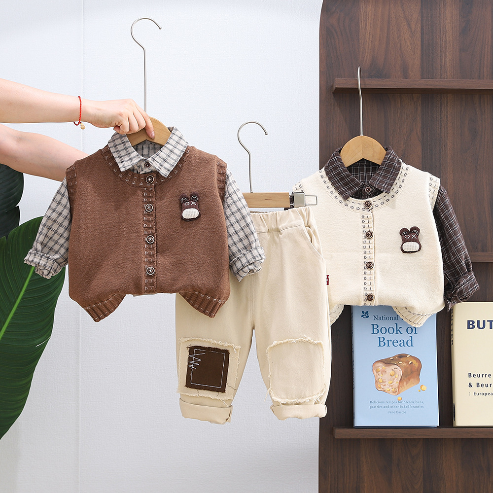 Boys' Spring and Autumn Set 2025 New Style Children's Western Style Baby Bear Head Cardigan Sweater 3-Piece Set Trendy free shipping designe