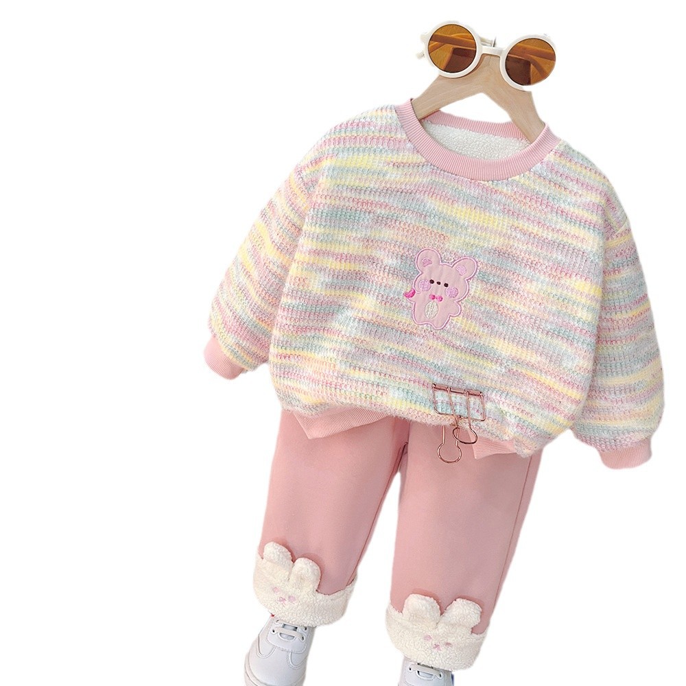 2025 Baby Clothes with Velvet Set for Female Baby Autumn/Winter Casual Rainbow Bear Hoodie Two Piece Set for Girls free shipping