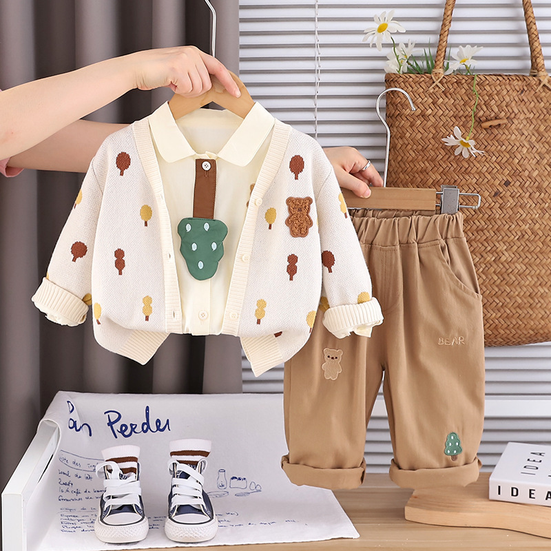 Boys' Spring and Autumn Set, Elegant 2025 New Style, Children's Leisure Autumn Set, Baby Full Body Small Tree Cardigan Three Piece Set free 