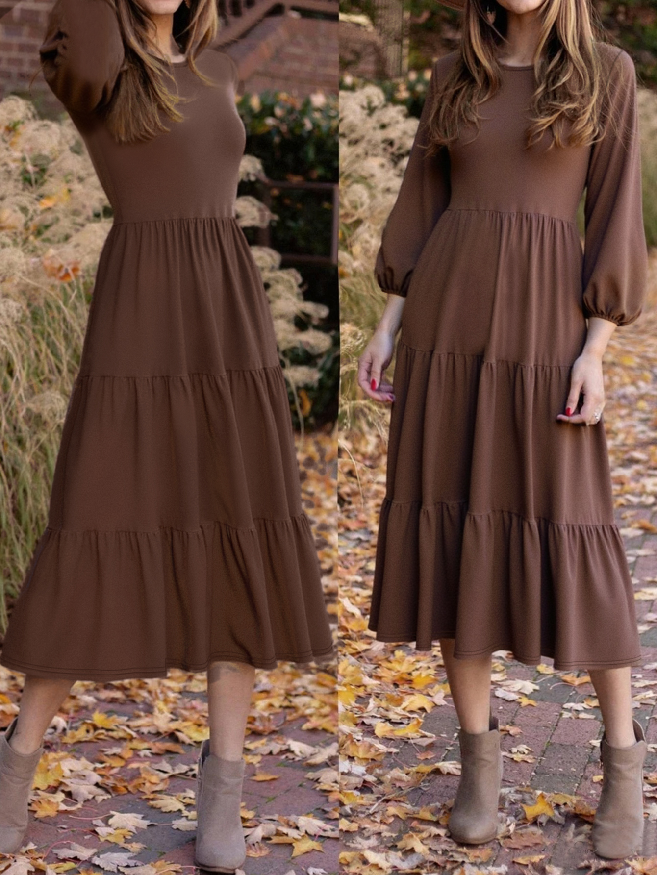 Women's Autumn Winter Solid Color Midi Dress - Fashion Vacation Round Neck Long Sleeve Dress-CF55122