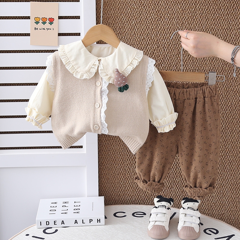 Girls' Autumn Set 2025 New Fashionable Baby Lace Sweater Vest Children's Casual Spring and Autumn Three Piece Set free shipping designer