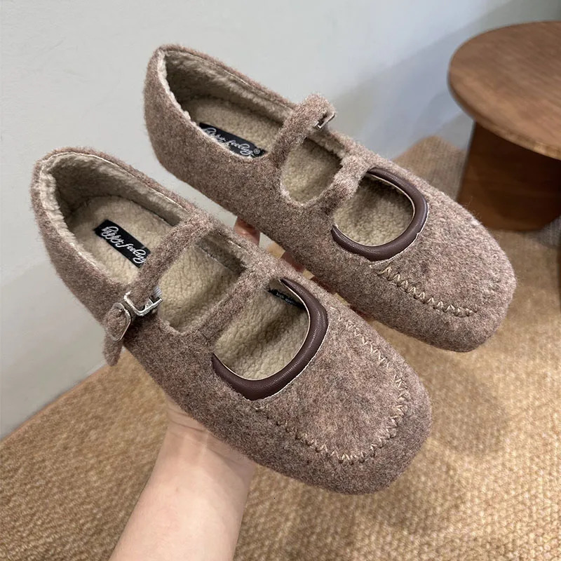 Fashion Square Toe Flats Fur Shoes For Ladies Furry Female Buckle Strap Footwear Women Mary Janes Flats With Plush Shoes 251013