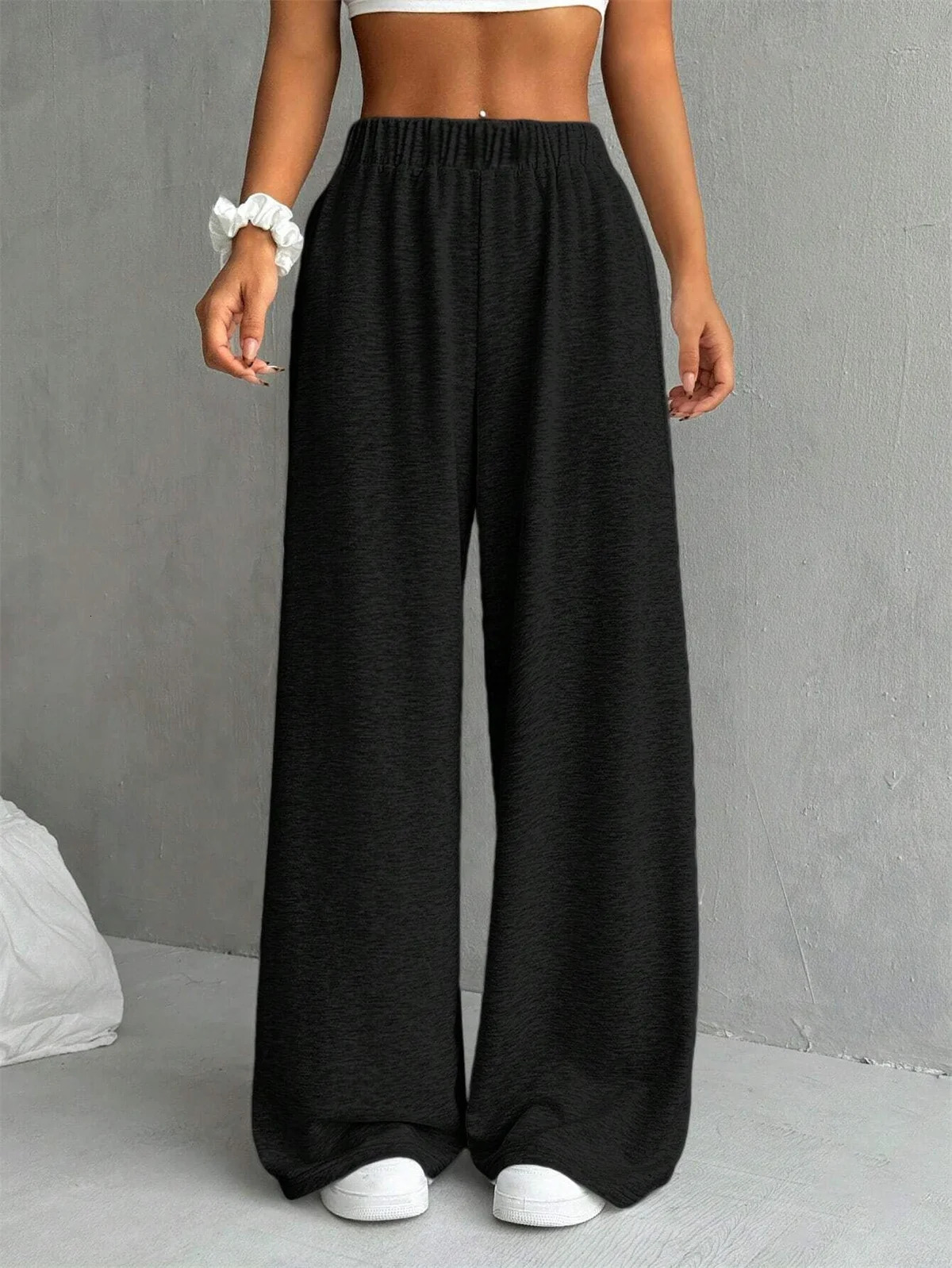 Fashion Elastic Waist Pant Solid Spring Autumn In Vintage Simple Casual Trousers Female Straight Wisd Leg Pants Street 251017