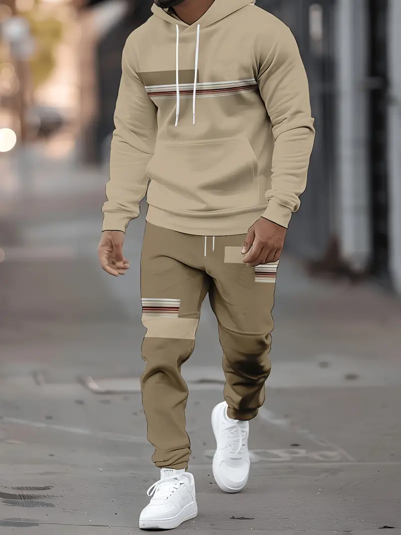 Men's Stripe Print Two Piece Cotton Tracksuit - Comfortable Hooded Jacket & Pants Set 2-3-2