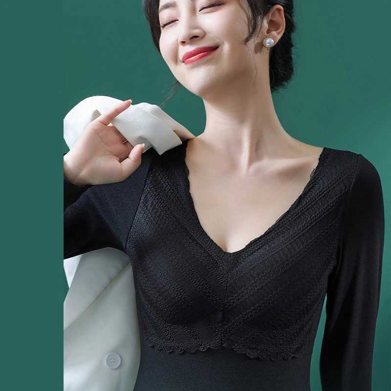 Autumn and Winter German Velvet Lace VNeck Warm and Heat Free Long Sleeve Underwear with Chest Cushion Underlay T251018