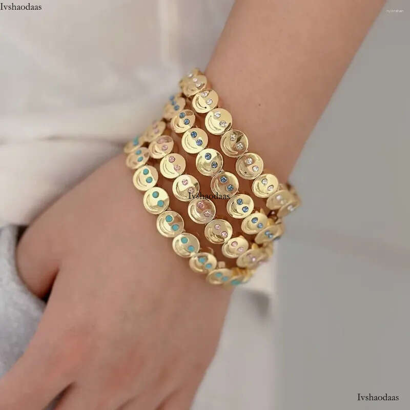 Gold Color Fashion Happy Face Girls Bracelet Cubic Zirconia Beads Golden Women Men Gifts Jewelry Access
