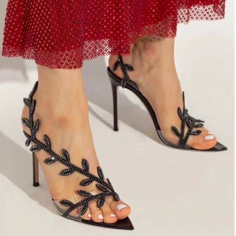 2025 New Temperament Fashion High Heels Pointy Rhinester Leaf Stiletto Sandals Dinner Party Shoes ddmymonkey