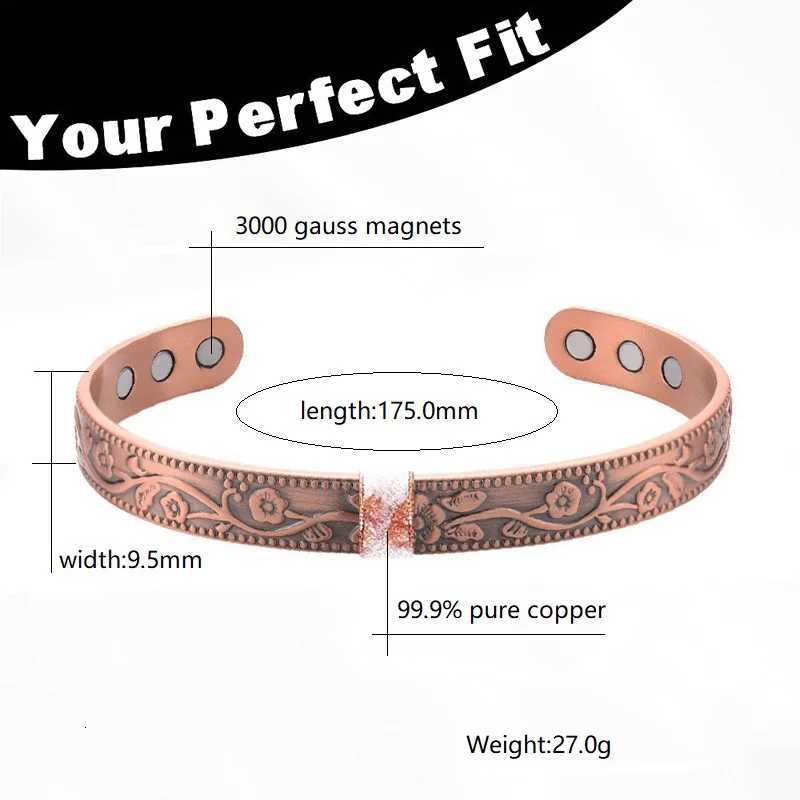 Magnetic Pure Copper Bracelet for Women Vintage Flower Energy Cuff Bangle Adjustable Jewelry Gift H260511 - view 5