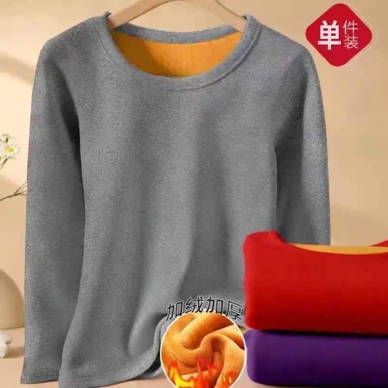 Women Winter Thermal Longsleeved Tshirt Round Neck Solid Lined with Fleece Pullover Stretchy Comfortable Thick Thermal Shirt T251018