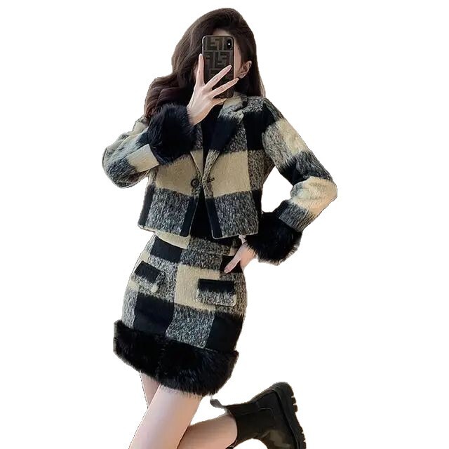 2025 Autumn/Winter Designer Jacket New Top Elegant Social Women's Set High End Checkered Wool Short Coat and High Waist Luxury Short Skirt Two fa