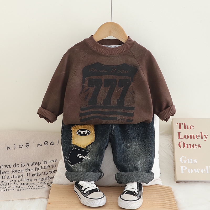Boys' Set Spring and Autumn 2025 New Children's Digital Round Neck Hoodie, Two Piece Set for Children's Baby Clothes free shipping