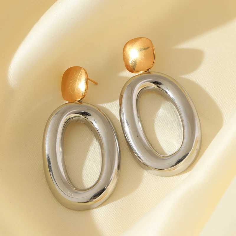 GANEMLY 316L Stainless Steel Geometric Two Color Pendant Earrings For Women Charm Metal Texture Waterproof Ear Dangle Jewelry Y251018