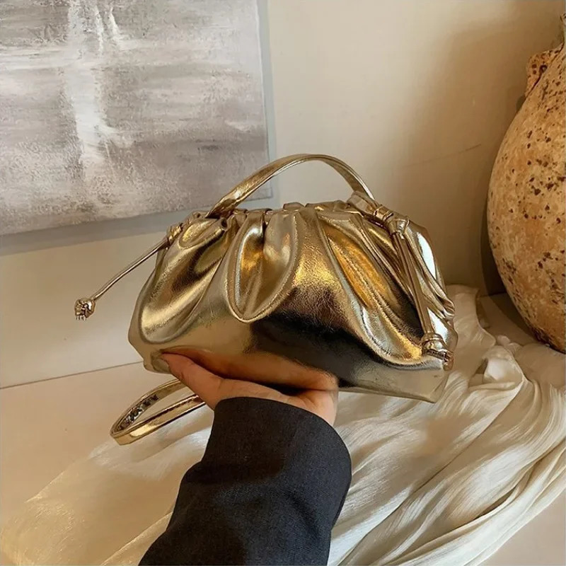 Small Design Womens Soft PU Leather Gold Silver Cloud Hobo Bag Elegant Dressy Handbag Ruched Dumpling Party Clutch Purse R251018