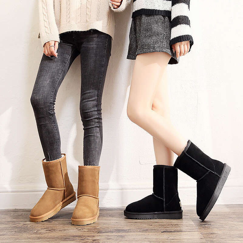 Full Size Snow Boots for Women, Mid-Calf, Cowhide, vomero Warm, Non-Slip, Fleece-Lined, Thickened, Loafers, Cotton Shoes, VersatileLoafers