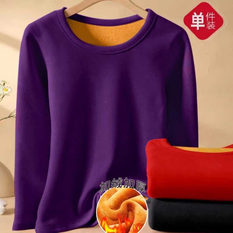Women Winter Thermal Longsleeved Tshirt Round Neck Solid Lined with Fleece Pullover Stretchy Comfortable Thick Thermal Shirt T251018