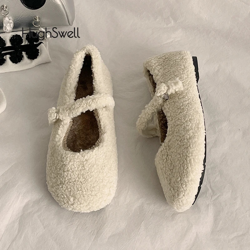 Fashion Round Toe Wool Ballet Flats Woman Concise Warm Plush Loafers Ladies Fluffy Mary Jane Shoes In Red Grey 251013