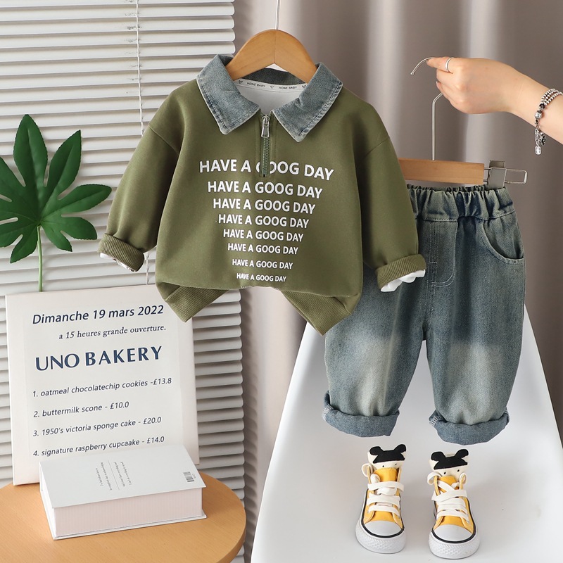 Boys' autumn outfit set with half zipper denim collar, baby polo, baby and children's two-piece set, new stylish spring and autumn hoodie
