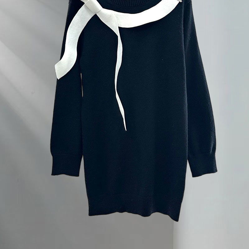 Chan New Women Designer Cashmere Blend Sweater Dresses Simple High Quality Long Sleeve Bow Black Sweater Fashion Paris Runway Elegant Long Pullover Cl