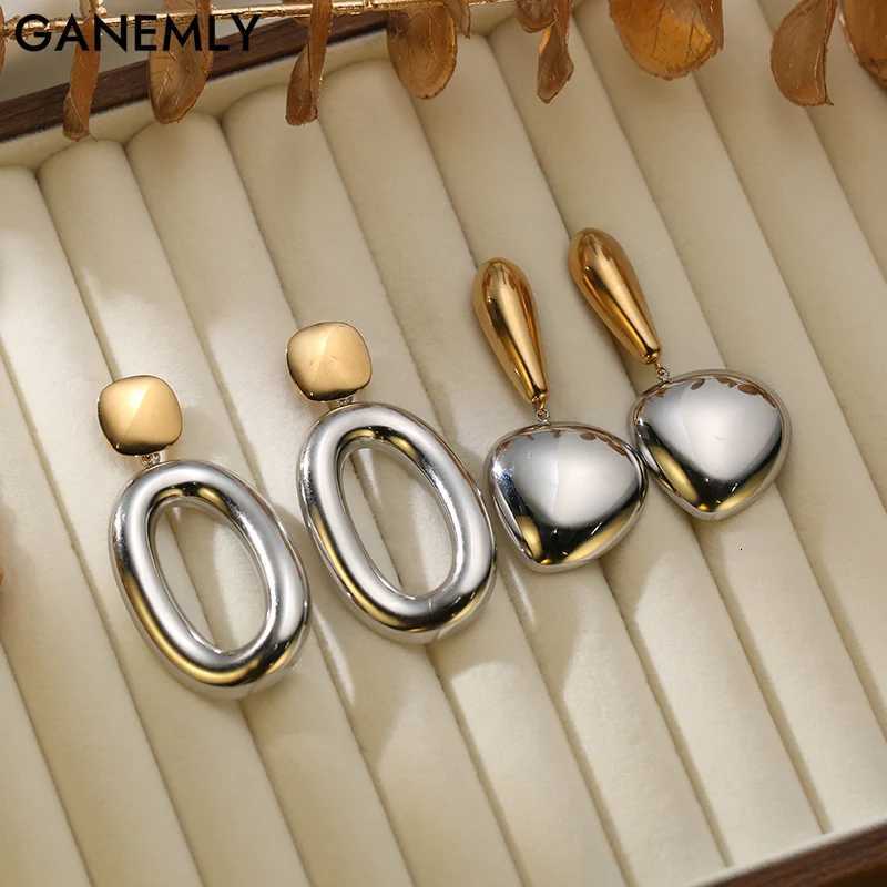 GANEMLY 316L Stainless Steel Geometric Two Color Pendant Earrings For Women Charm Metal Texture Waterproof Ear Dangle Jewelry Y251018