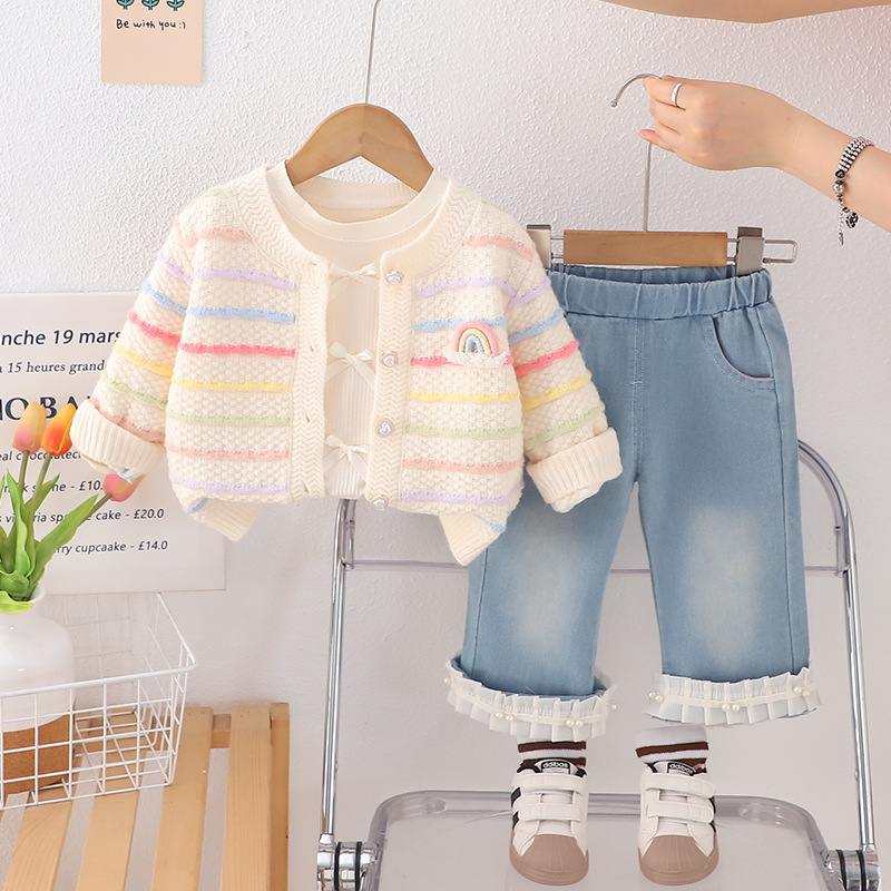 Girls' set of colorful sweaters and cardigans, three piece set, stylish 2025 Spring and Autumn style children's girls' clothes free shi