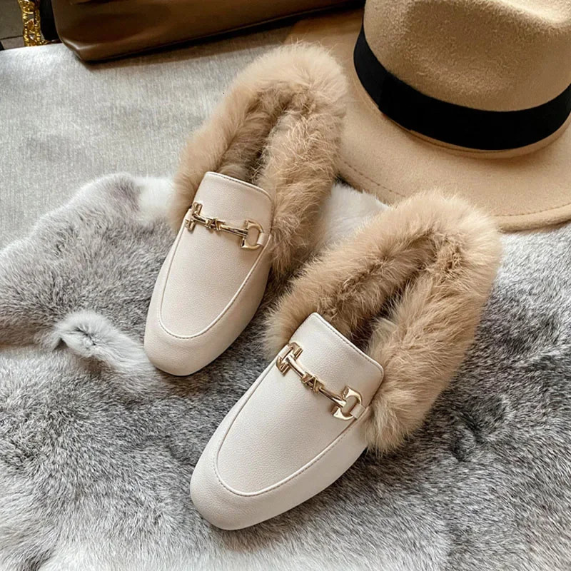 Autumn Winter Loafers Women Rabbit Fur Booties Slipon Ankle Boots Flat Botas De Mujer Plush Warm Boot British Leather Shoes 251013