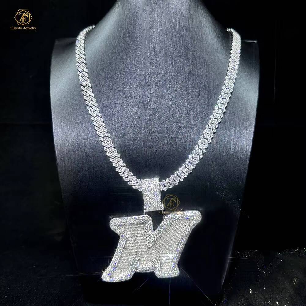 Iced Out Moissanite Diamond Silver Round Mix Baguette Initial M Letter Pendant With 8MM Cuban Chain