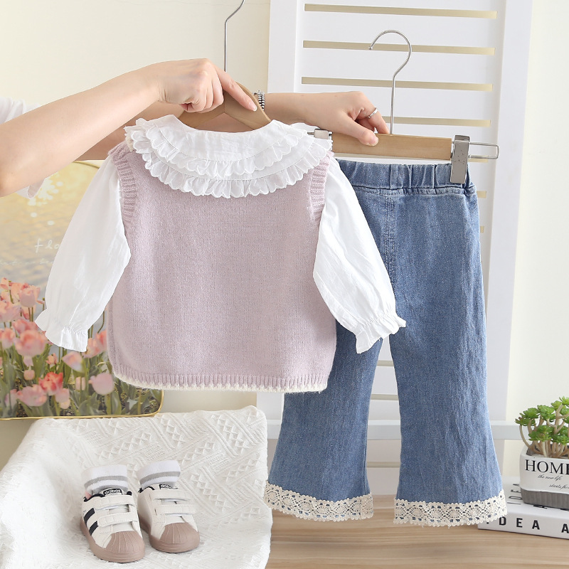 2025 Autumn New Girl Baby Children's Clothing Bow Set Lace Sweater Set Three Piece Set Trendy free shipping