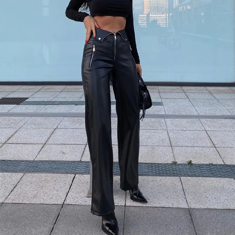 WhereMery Y2K Fashion Leather Pant Women High Waist Sexy Zipper Straight Slim Trousere Streetwear Gothic Chic Black Pants 251017