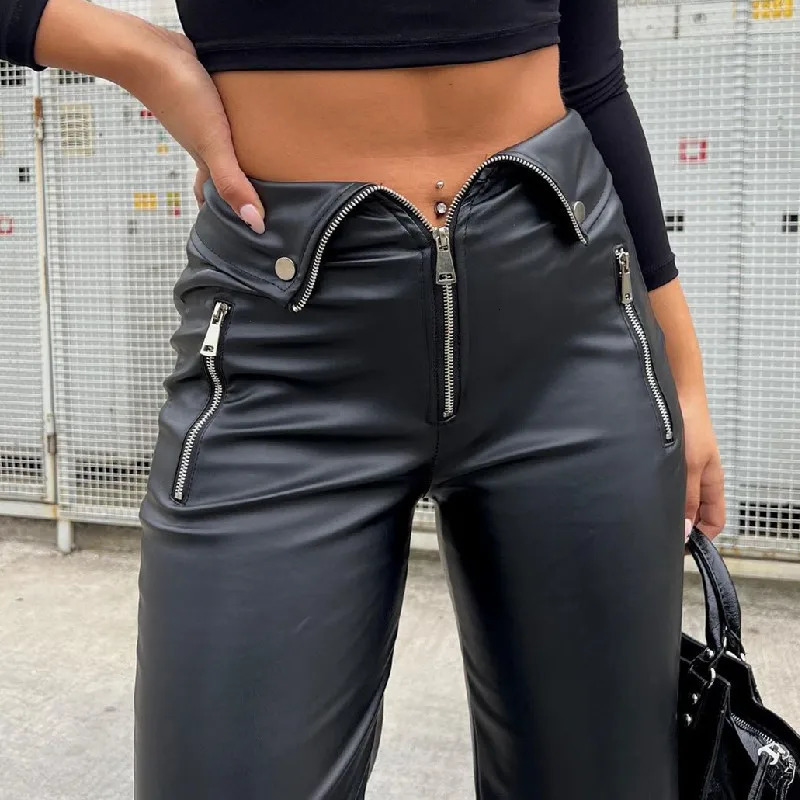WhereMery Y2K Fashion Leather Pant Women High Waist Sexy Zipper Straight Slim Trousere Streetwear Gothic Chic Black Pants 251017