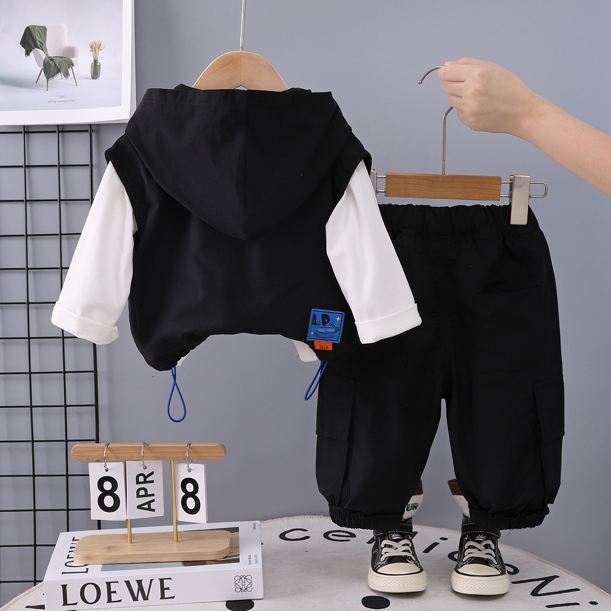 Boys' set Spring and Autumn 2025 new children's clothing hooded workwear vest autumn trendy children's clothing baby three piece set fr