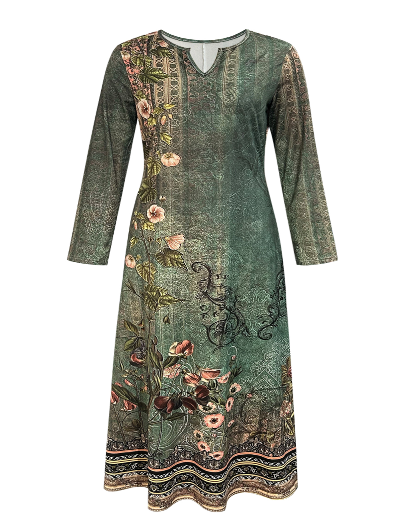 Women's Autumn Winter Retro Floral Print Midi Dress - Plus Size Daily Casual Elegant Green Dress (1XL-5XL)-YL25439