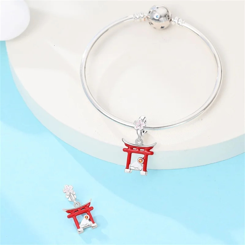 925 Sterling Silver Japanese Torii Shrine Cherry Blossom Souvenir Pendant Fit Original Charm Bracelets Women DIY Jewelry Gift 251013