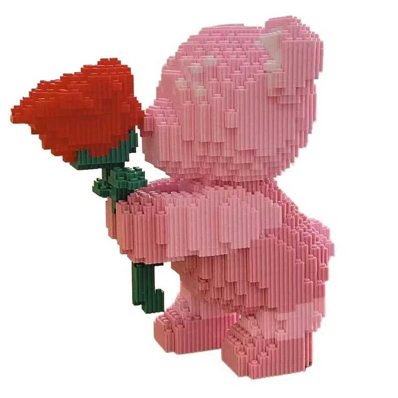 Cute Pink Flower Rose 3D Bear Micro Building Block Toy Educational Toy For Kids Couple Gift Desktop Home Decorations L251016IOMG