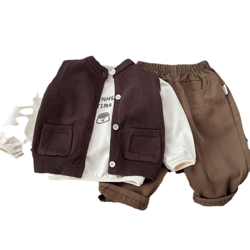 Boys' Spring and Autumn Set 2024 Children's Fashionable New Style Cool and Handsome Clothes for Little Boys Baby Tank Top cardigan 3-piece S