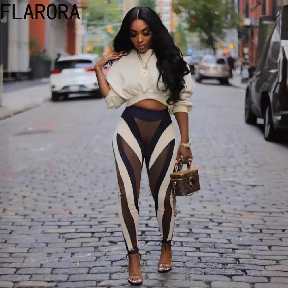 FLARORA Fashion Stripe Print 2 Pcs Sets Woman Round Neck Long Sleeve Crop Tops And Skinny Pants Outfits Fall Street Tracksuits 251018