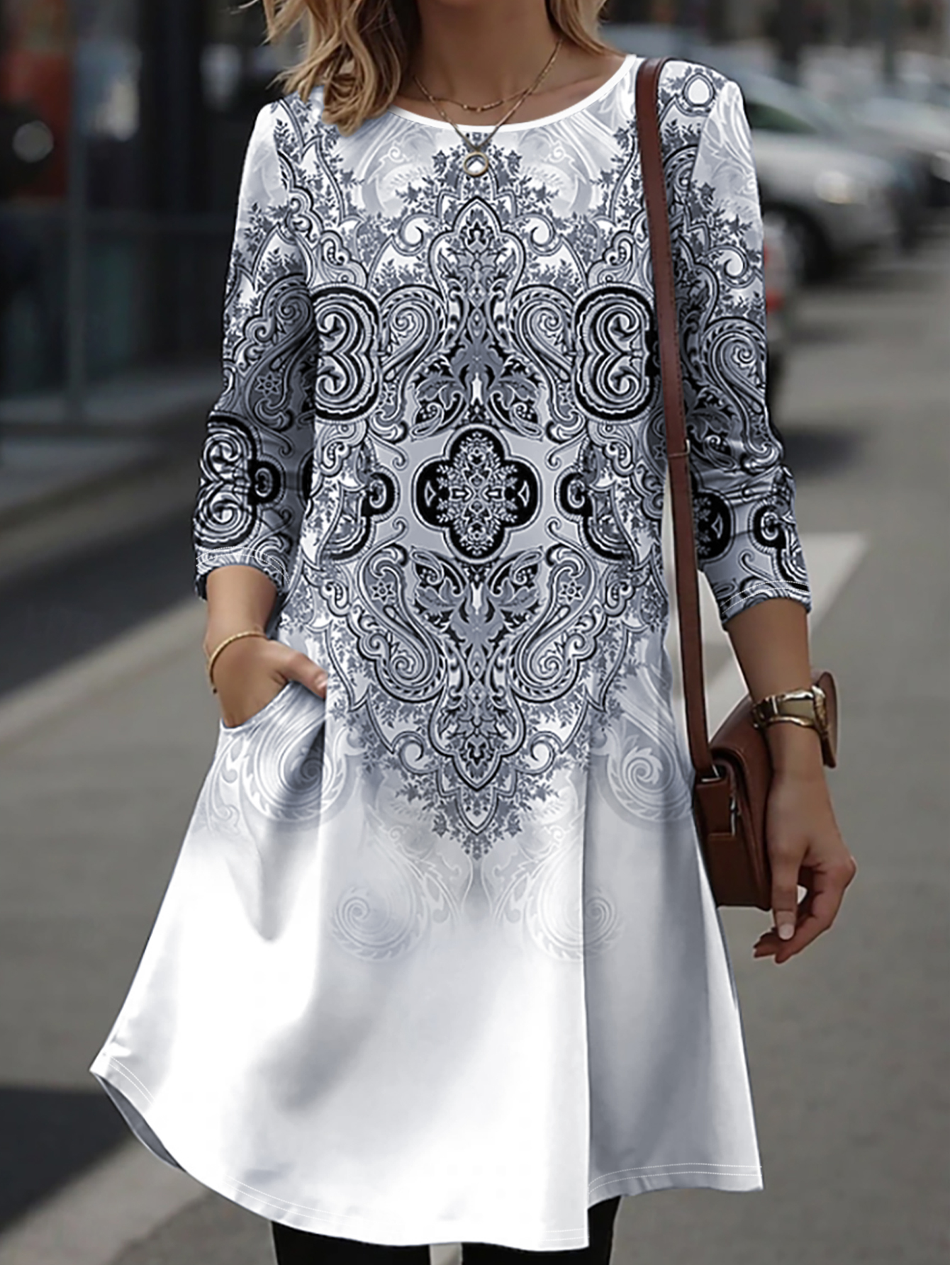 Women's Autumn Winter Botanical Print Midi Dress - Fashion Vacation Versatile Casual Dress-CF51238