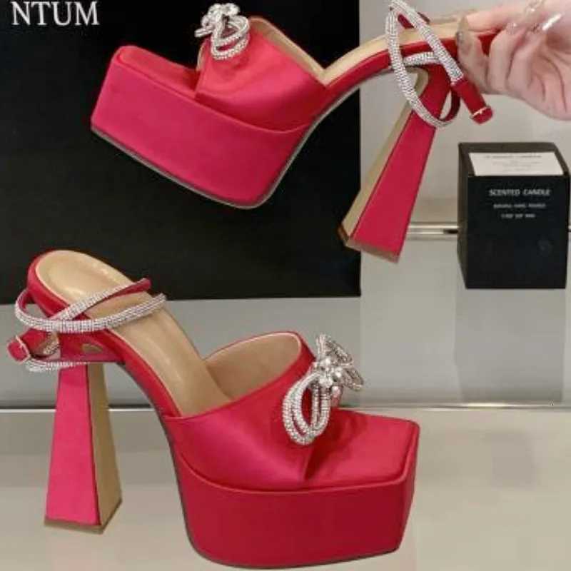 Luxury Rhinestone Bow Women Sandals Satin Square Toe Open Toe Super High Heel Sandal Summer Fashion Party Belt Buckle Dress Shoe Z251015